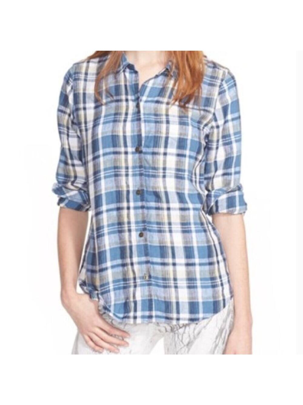 NEW Current / Elliot 100% Linen Picnic Plaid Slim Boy Shirt Blue Summer Vacation